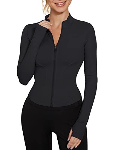 LUYAA Women's Workout Jacket Lightweight Zip Up Yoga Jacket Cropped Athletic Slim Fit Tops - Black - Small
