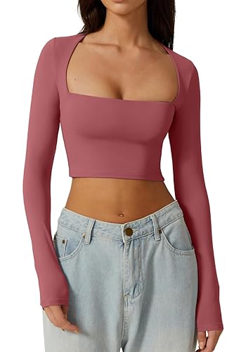 QINSEN Women's Sexy Square Neck Crop Top Long Sleeve Slim Fit Cropped T Shirts - Small - Merlot