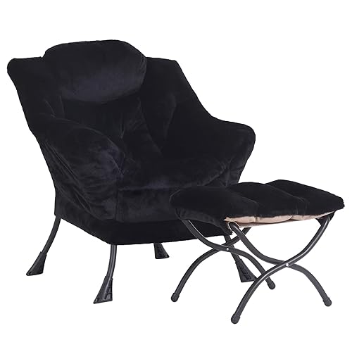 LITA Lazy Chair with Ottoman, Modern Accent Leisure Upholstered Sofa Chair, Lounge Reading Chair with Armrests and a Side Pocket for Living Room, Bedroom & Small Space, Plush Black - Plush Black