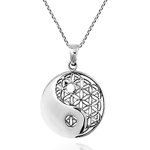 AeraVida Yin Yang Balance Flower of Life .925 Sterling Silver Pendant Necklace