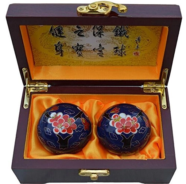 The plum blossom magpie Wire inlay enamel implement Chinese Health Exercise Stress Balls - Blue Color / Traditional Beautiful Steel Palm Wooden Box Packaging
