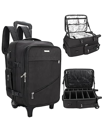 Barber Travel Backpack, Rolling Makeup Train Case Hairstylist Traveling Bag for Hairdressers and Makeup Artists, Heat Insulation Layer and Adjustable Dividers Cosmetology Case on Wheels