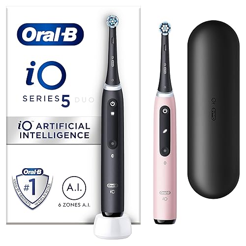 Oral-B iO5 2x Electric Toothbrushes For Adults, 2 Handles, 2 Toothbrush Heads & 1 Travel Case, 5 Modes, Teeth Whitening, UK 2 Pin Plug, Black & Pink - Oral-B iO5 Matte Black/Blush Pink (Duo Pack)
