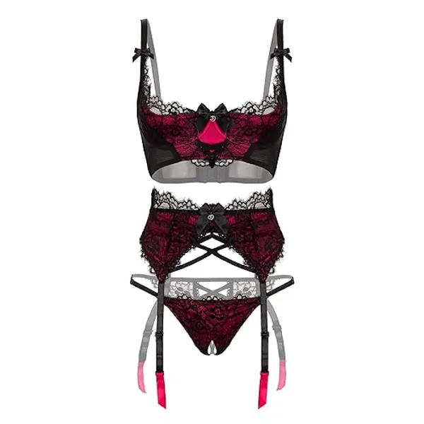 Lovehoney Lingerie Women's Boudoir Belle Quarter Cup Bra Set - With Suspender Belt & G String - Sizes: 6-16