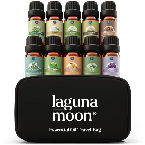 Essential Oils Set - 10pc Aromatherapy Oil in Portable Bag - Diffusers, Humidifiers, Yoga Room, Massages, Candle Making, Soaps - Peppermint, Tea Tree, Lavender, Eucalyptus, Lemongrass (10mL) - Multi-Scent with Travel Case - 3.38 Fl Oz (Pack of 1)