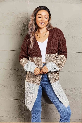 Woven Right Color Block Open Front Rib-Knit Longline Cardigan - Coffee/Gray / S