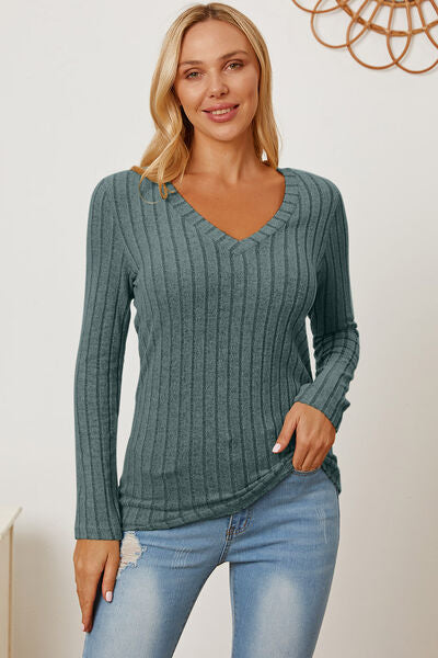 Basic Bae Full Size Ribbed V-Neck Long Sleeve T-Shirt - Teal / S