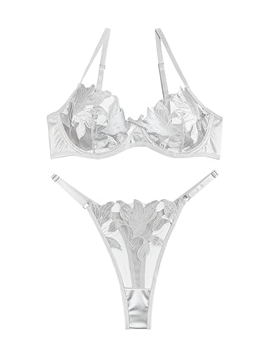 Lilosy Sexy Satin Mesh Floral Embroidered Underwire Lingerie Set - Floral - X-Small - Floral White