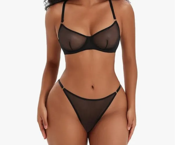 BoldBeauty Women 2 Pieces Mesh Sheer Lingerie Set Cute Push Up Strappy Underwore Panty and Bar Set Underwear - Black - Small