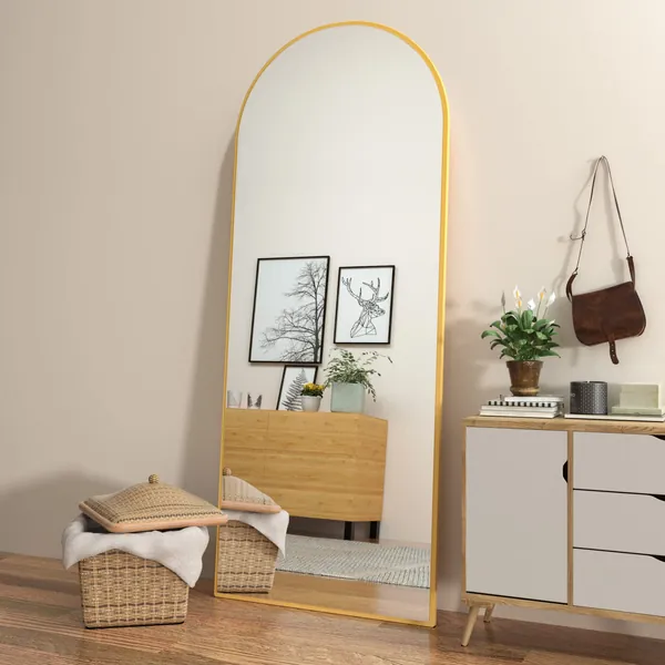 Manocorro Arched Full Length Mirror, Floor Mirror with Stand, 65"×24" Full Body Mirror, Hanging or Leaning Against Wall, Gold Arch Standing Mirror Large Bedroom Mirror for Cloakroom
