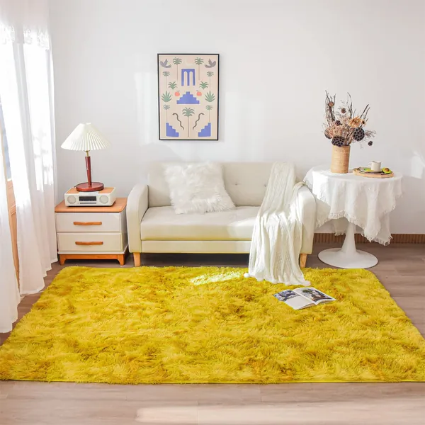A Nice Night Shaggy Fluffy Faux Fur Area Rugs,Soft, Gradient Tie Dye,Luxurious Shag Carpet Rugs for Nursery Rug, Bedroom, Living Room, Luxury Bed Side Plush Carpets, Rectangle (Yellow, 5' x 8')