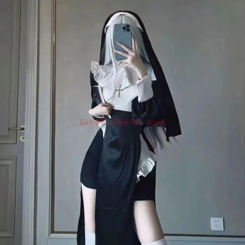  Sexy Nuns Costume Uniform Black 