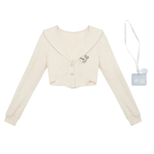 Blue & Cream Cozy Cute Bear Knitted Kawaii Skirt, Top & Cardigan- 3pcs (Separate) - Cardigan / M