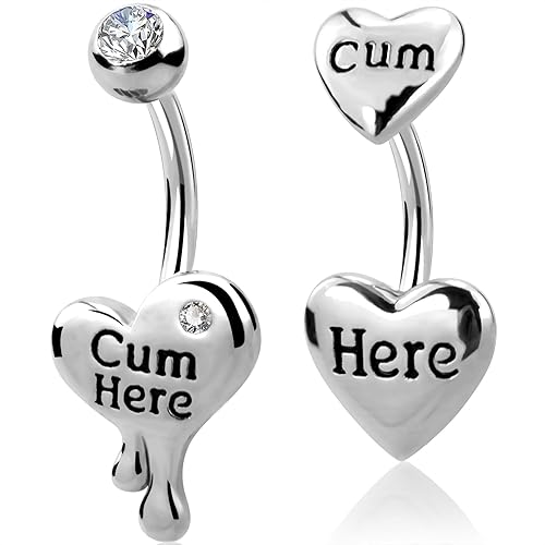 OUFER Belly Button Rings Heart Clear CZ 316L Surgical Steel Belly Rings Heart Shaped Letter Navel Rings Belly Rings Belly Piercing Jewelry - Cum Here,14G,10mm