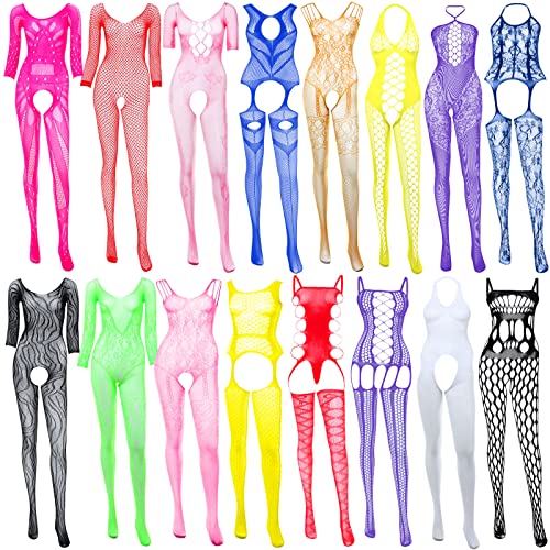 Zhanmai 16 Pieces Women Stockings Lingerie Bodysuits Nightwear Full Body Stockings for Girl Women, 16 Styles Black - Bright Style
