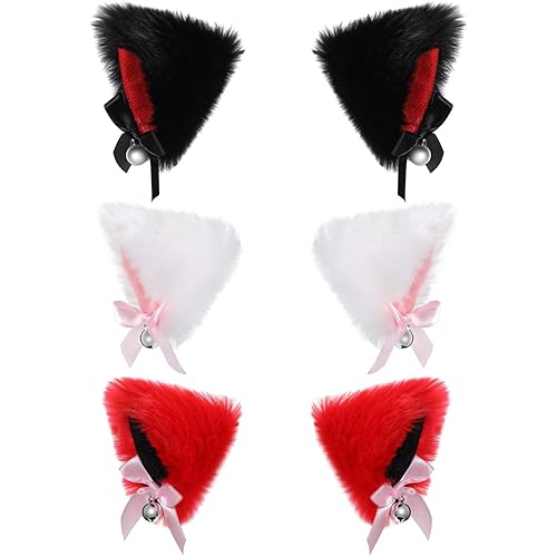 Chuangdi 3 Pairs Cat Ears Hair Clip with Bell Cosplay Women Plush Furry Animal Ears Hair Clip Hairband for Halloween Costume Cosplay Party Dress, Black, White, Red