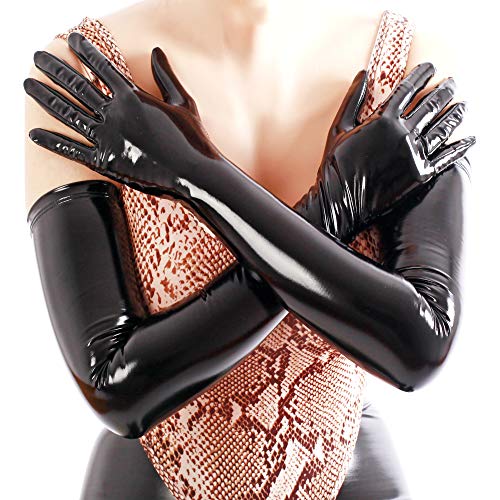 Ftshist Women's Shiny Long Gloves Faux Leather Wet Look Arm Length Gloves for Ladies - Black - 24'' L