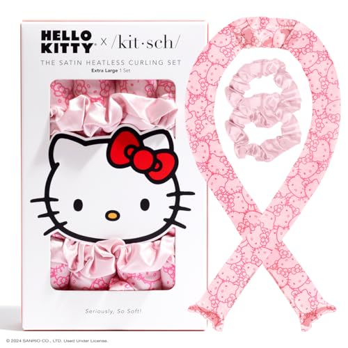 Hello Kitty x Kitsch Satin Heatless Curling Set XL - Jumbo Overnight Hair Curlers to Sleep in, Heatless Curling Rod Headband, No Heat Soft Curlers, Hair Rollers for Overnight Curls - Pink Kitty Faces - 1 Count XL (Pack of 1) - Pink Kitty Faces