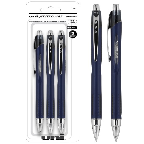 uni-ball Jetstream RT Fine Point Retractable Ball Point Pens, 3 Black Ink Pens (70877) - 3 Count (Pack of 1) Fine Point Black