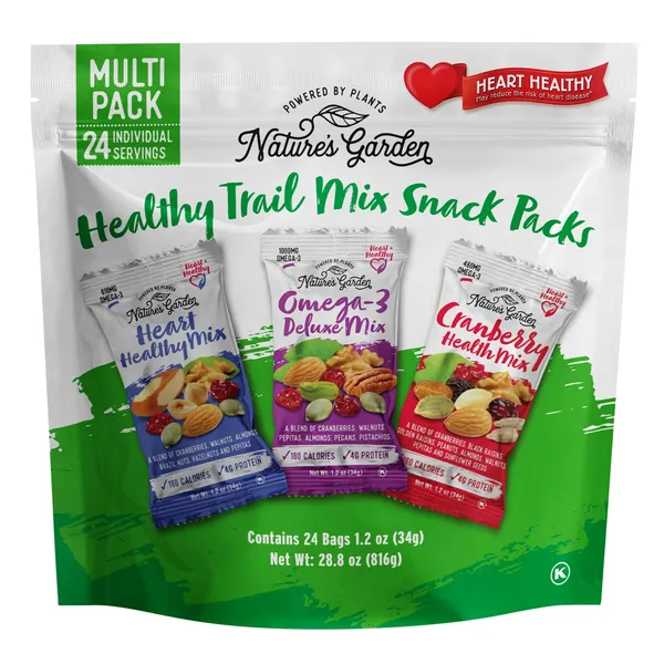 Nature's Garden Healthy Trail Mix Snack Packs – Mixed Nuts, Heart Healthy Nuts, Omega-3 Rich, Cranberries, Pumpkin Seeds, Perfect For The Entire Family – 816g Bag (24 Individual Servings) - Healthy Trail Mix 34 g (Pack of 24)