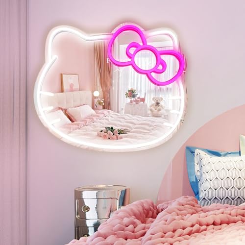 MCJSGSP Anime Hello Kit Mirror with Light (14.1 * 11.8) inch Neon Signs for Locker Room Living Room Girl's Bedroom, Acrylic Mirror with Dimmable for Teen Girl Gifts ，Wall Mirror