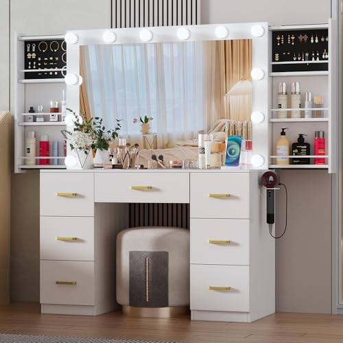 FURNJOYLIFE White Makeup Vanity Desk with Lighted Mirror & Power Outlet,3 Color Modes, Brightness Adjustable,Vanity Table with Drawer,Sliding 2 Storage Wall-Mounted Jewelry,4 Shelves for Bedroom - 15.7''D * 39.3''W * 55''H