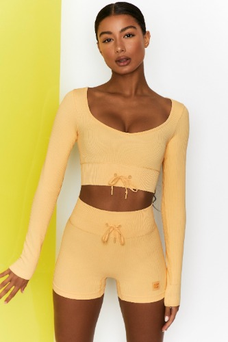 Time Check Ribbed Long Sleeve Crop Top in Yellow | L