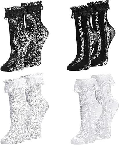 QCZJ 4 pairs Women Ruffle Socks,Black & White Lace Socks,Sexy Frilly Socks for Women,Cute Lace Trim Socks Lolita Socks,Ankle Socks with Ruffles for Girls Ladies Princess Wedding