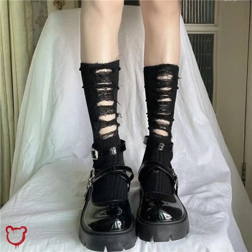 Ripped Gothic Black Knit Socks - black / one size