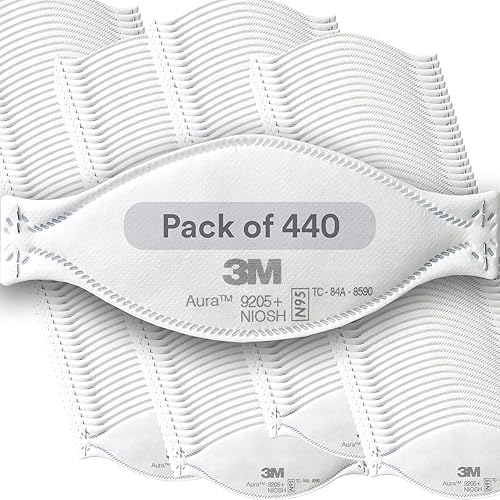 3M Aura Particulate Respirator 9205+, N95, Pack of 440 Disposable Respirators, Individually Wrapped, 3 Panel Flat Fold Design Allows for Facial Movements, Comfortable, NIOSH Approved - 1 Count (Pack of 440) - Pack of 440 - Respirator