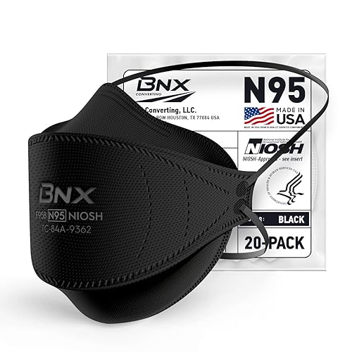 BNX N95 Mask NIOSH Certified MADE IN USA Face Mask, Tri-Fold Cup/Fish Style, 10,20,50-Pack - Black, White (Model F95B,F95W) - Black 20-pack