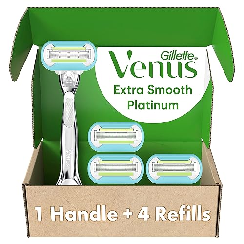 Gillette Venus Platinum Extra Smooth Razors for Women, 1 Venus Razor, 4 Razor Blade Refills, Metal Handle with Anti-Slip Grip - Platinum Handle + 4 Refills