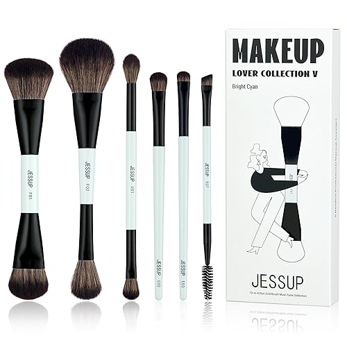 Jessup Makeup Brush Set 6pcs Double Sided Makeup Brushes Foundation Contour Blush Highlight Blending Eyebrow Brush Eyeshadow Brush, Vegan Fiber Make up Brush Bright Cyan T501 - T501-6pcs