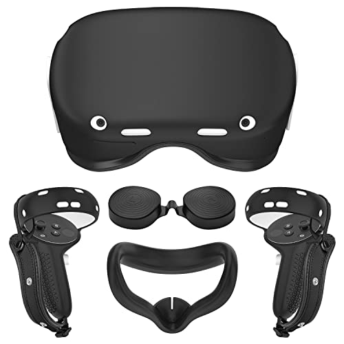 Controller Grips Cover for Oculus Quest 2, Anti-Leakage Silicone Face Cover for Oculus Quest 2, with Lens Protective Cover and VR Shell, Accessories Set 4-in-1 for Oculus Quest 2（Black） - Black