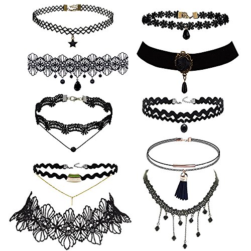 Trasfit 10 Pieces Lace Choker Necklace for Women Girls, Black Classic Velvet Stretch Punk Gothic Tattoo Lace (10 Style #1) - Style #1