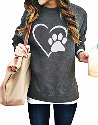 SUPEYA Heart Dog Paw Graphic Sweatshirt Women Cute Dog Mom Shirts Long Sleeve Casual Crewneck Fashion Pullover Tops - Dark Grey - XX-Large