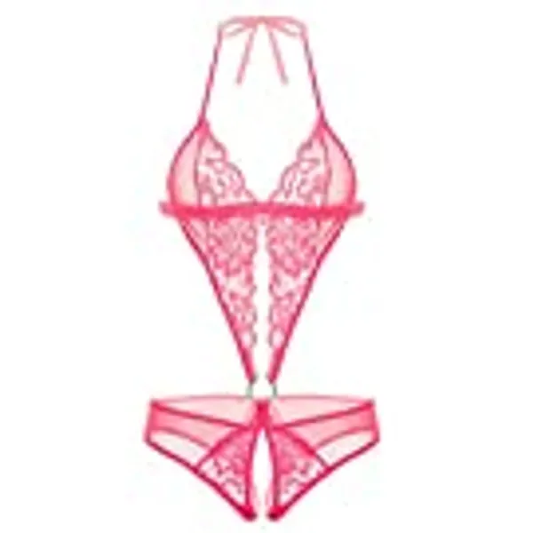 ADOME Women Teddy Lingerie Deep V Halter One Piece Babydoll Mini Lace Bodysuit S~XXL