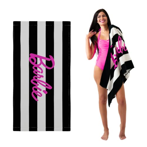 Franco Collectibles Barbie Barbiecore Black & White Striped Soft Cotton Bath/Pool/Beach Towel, 60 in x 30 in, (Official Licensed Barbie Product) - Barbie - 60"x30"