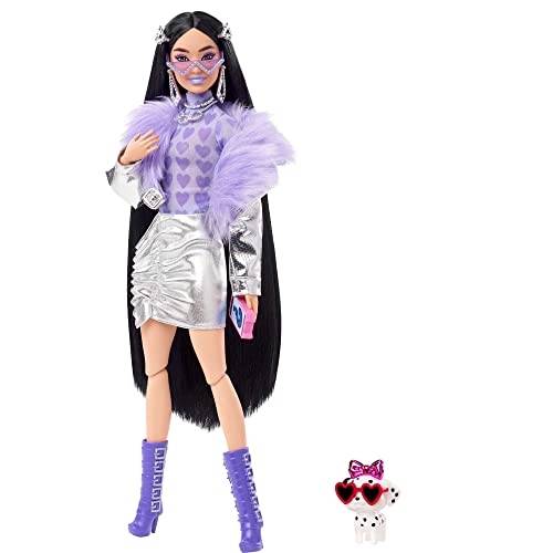 Barbie Extra Doll and Accessories with Black Hair, Lavender Lips, Metallic Silver Jacket and Pet Dalmatian Puppy - Modern - Multicolor