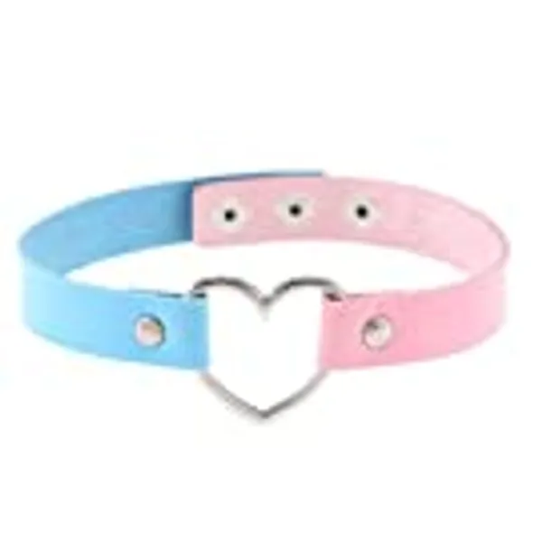 DNHCLL Girls Cool Anime Rock Punk Harajuku Goth Love Heart Necklace Leather Collar PU Leather Necklace Chain Bracelet(Pink+Blue)
