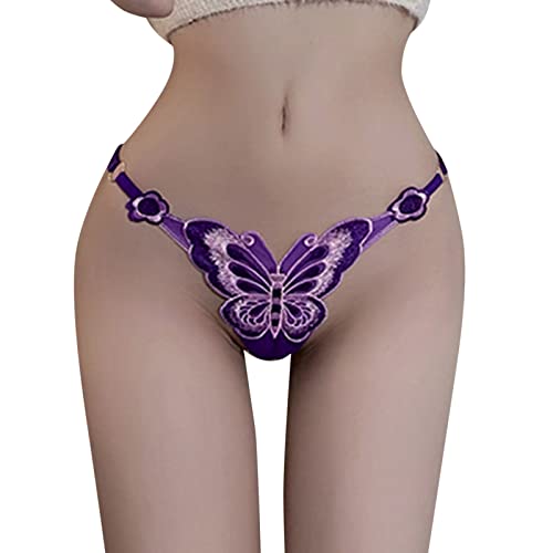 Butterfly Thongs Women Sexy G Strings Panties Scrunch Butt Underwear Tiny Thong String Tangas Comfortable Soft Lingerie - Purple - One Size