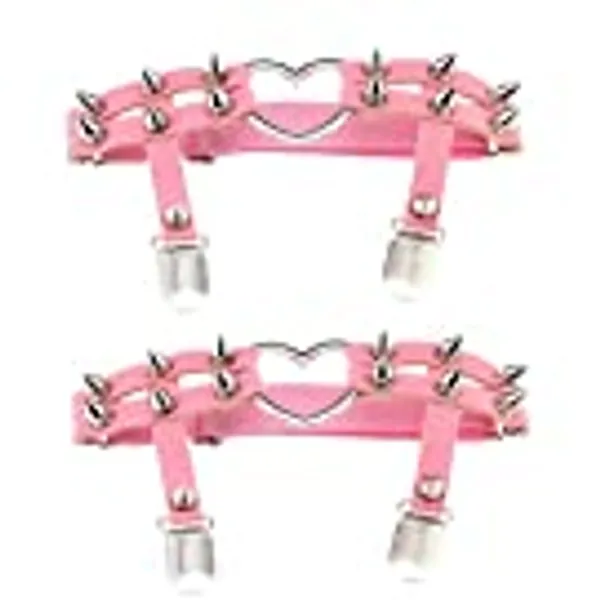 Women Girl Sexy Leather Heart Garters Punk Rock Rivet Stud Leg Ring 2pcs