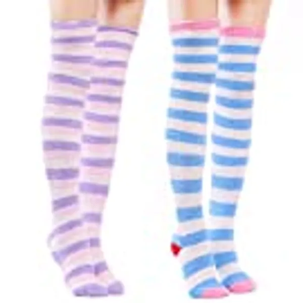 Littleforbig Cute Coral Fleece Knee High Long Striped Socks 2 Pairs