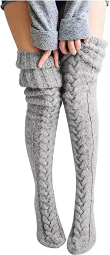 VDSVD Overknee Strümpfe Damen, Gestrickte Stiefelstrümpfe, Overknee Oberschenkelstrumpf Beinlinge, Damen Oberschenkel Hohe Socken Beinlinge für Mädchen Winter (hellgrau,M-85CM) - M-85CM - Hellgrau