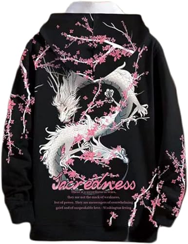 seiveini Japanischer Kapuzenpullover Damen Herren Oversized Harajuku Hoodie Hip Hop Streetwear Anime Sweatshirt Mädchen Y2K Gothic Sweatshirt Herren Pullover mit Kapuze Herbst Winter - XL - E Schwarz