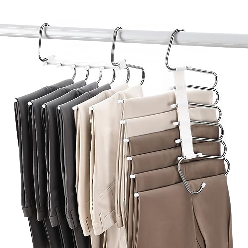 Upgraded Pants Hangers Space Saving, 6 Layers Clothes Rack, Stainless Steel Multifunctional Closet Organizer, Non Slip Metal Hangers for Pants Jeans Skirts Trousers (2 Pack) - 2 Pack