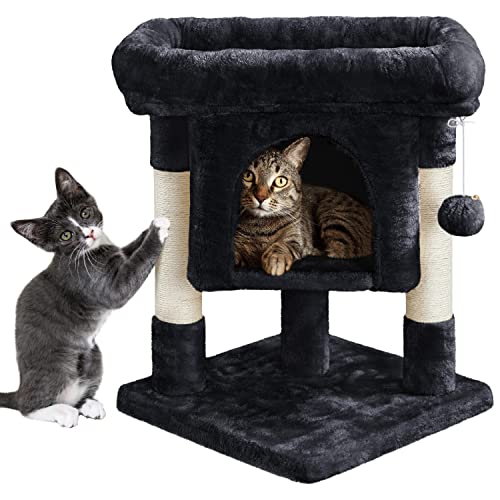 Yaheetech Cat Tree Cat Tower w/Sisal Scratching Post Cat Condo House Comfy Top Platform Furry Hanging Ball Functional Cat Scratching Tree for Cats - Black