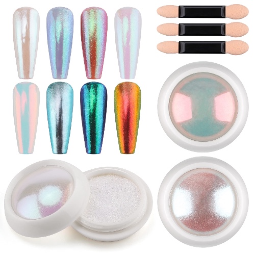 3 lådor Krom Nagelpulver, EBANKU Metallic Nail Art Pigment Pulver Set Mermaid Chrome Nail Powder Spegeleffekt Holografisk Iriserande Nagelpulver med 3 Svamppinnar för Nagelkonstdekoration