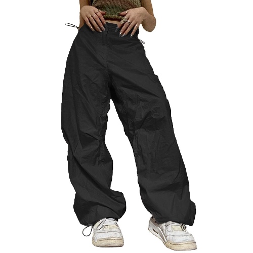 L&ieserram Cargohose Damen Baggy High Waist Weites Bein Hose Y2K Parachute Cargo Pants Oversized Vintage 90er Baggy Cargo Hose Teenager Mädchen Breite Jogginghose mit Kordelzug - G-schwarz XS