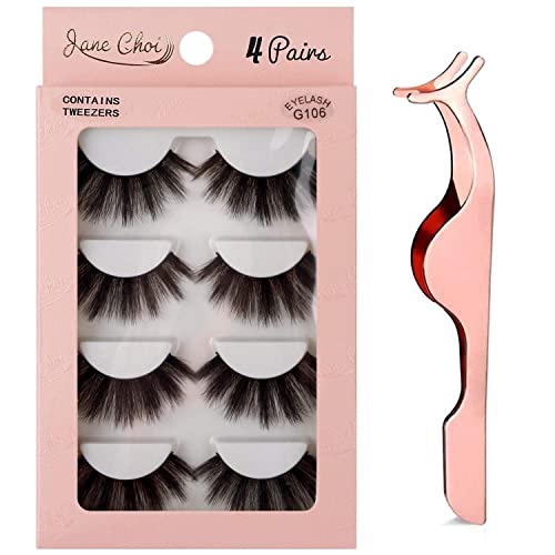 Jane Choi Falsche Wimpern, 4 Paar lange, natürliche Wimpern, wiederverwendbare, handgefertigte Wimpern für Make-up-Wimpernverlängerung, 3D-Faux-Nerz-Faux-Wimpern mit Wimpernclip G106 - G106